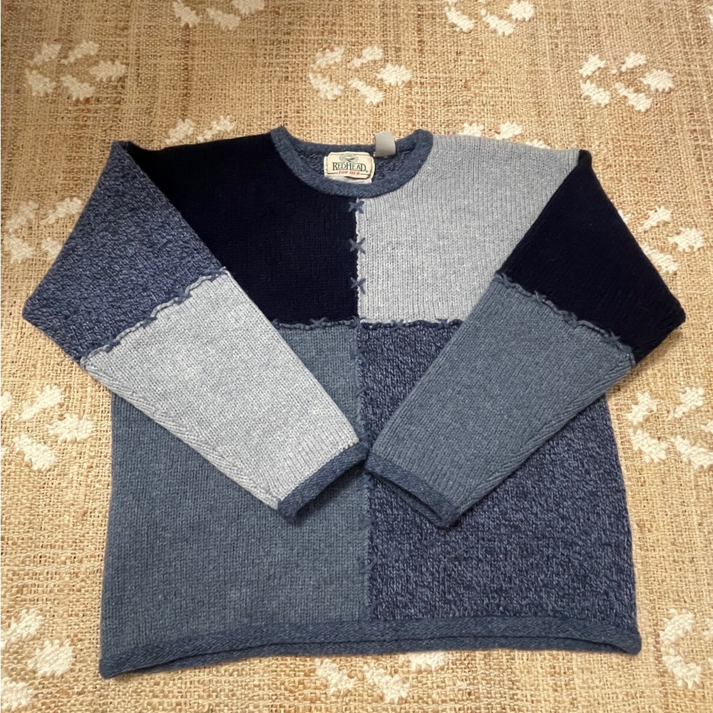 Red Head vintage Northern Isles hand-embroidered wool patchwork crewneck sweater